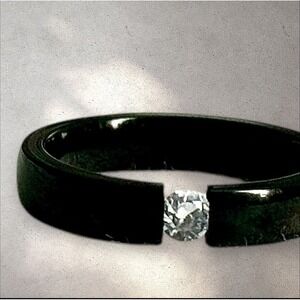Minimalist Black Stainless Steel Ring with Center Simulated‎ Diamond